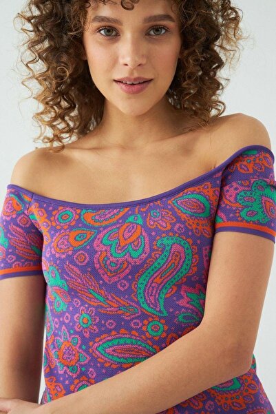 JU Μωβ πλεκτό φόρεμα με λεπτή τιράντα Paisley με σχέδιο