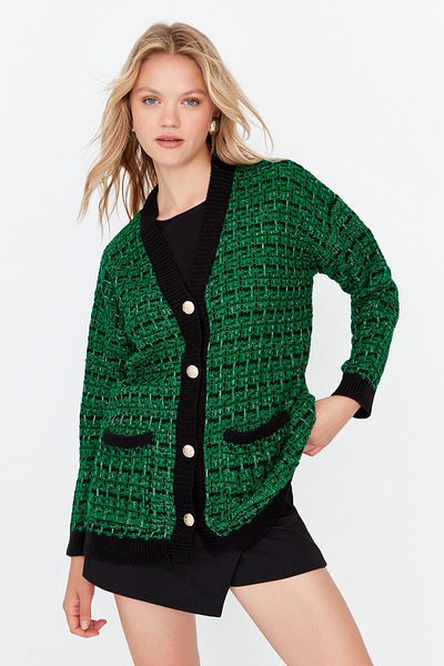 Trendyol Collection Grüner, glitzernder Strickcardigan in Tweed-Optik mit weiter Passform TWOAW21HI0250