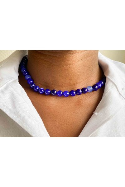 Mucize Taş Agate Natural Stone Necklace 8 mm Blue