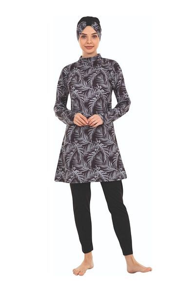FİT1BEDEN Plus Size Black-white Palm Pattern Long Sleeve Full Covered Hijab Swimsuit