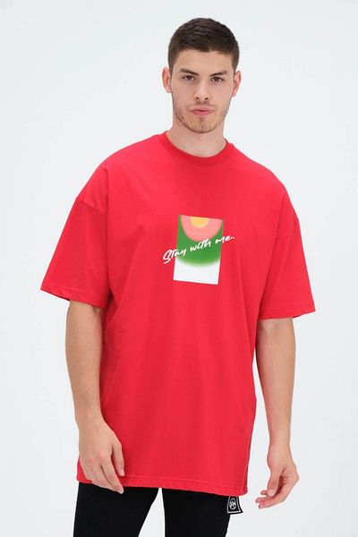 Saw Urbanity Red Crew Neck ( STAY WITH ME) Ribbed Back Printed Oversize T-shirt