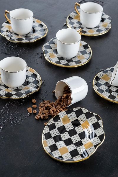 ACAR Enzo Chess 6-Person Porcelain Cup Set with Glass Plate - 90 ml
