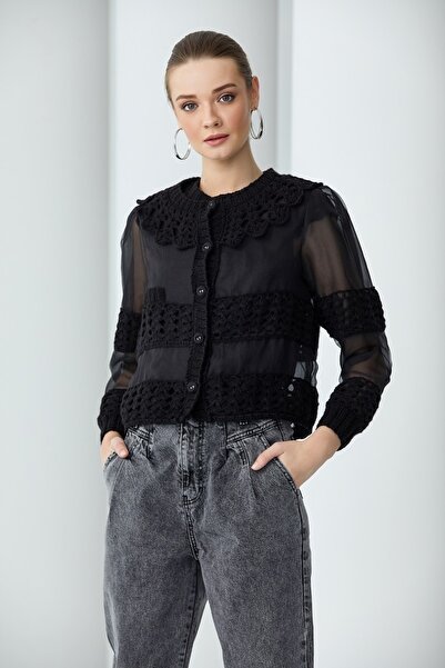 By Mare Style Hand Knitted Collar Organza White Jacket Bourges Jacket