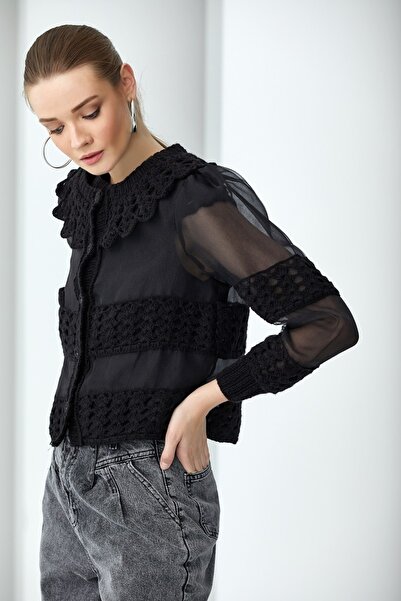 By Mare Style Hand Knitted Collar Organza White Jacket Bourges Jacket