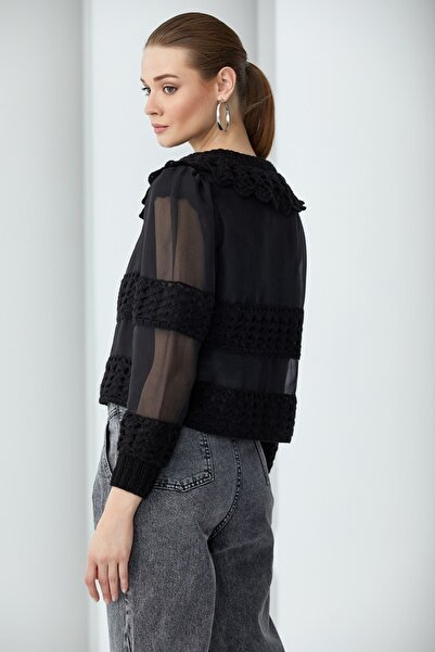 By Mare Style Hand Knitted Collar Organza White Jacket Bourges Jacket