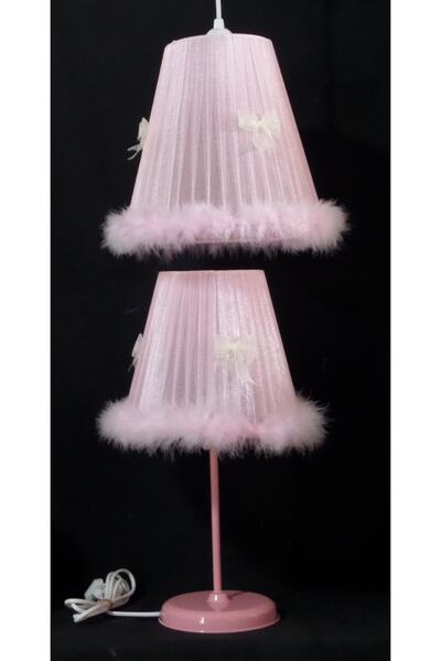 TEKAY AYDINLATMA Kız Çocuk Odası Bebek Odası Pembe Tüylü Fiyonklu Peluş Avize Abajur Seti