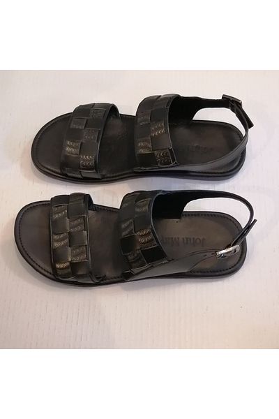 John May Unisex Genuine Leather Black Bronze Print Combination Knitted Double-Strapped Buckle Rubber Sole Sandals