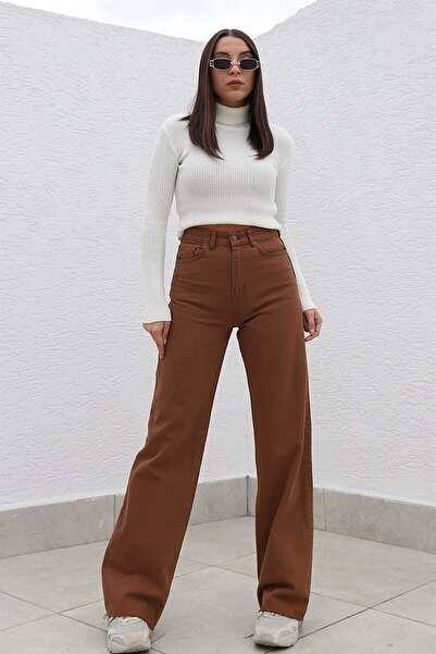 Trn JNS Brown Lycra Super High Waist Loose Jeans Palazzo Trousers. (super High) Wide Leg