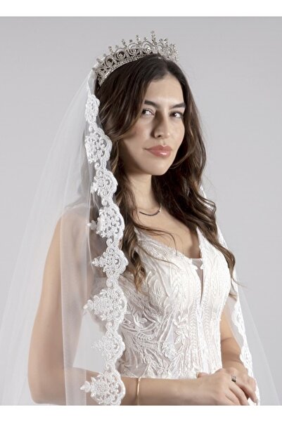 paris in paris Uzun Gelinlik Duvağı 220 Cm Fransız Dantelli Ipek Tül Nikah Ve Gelin Duvağı