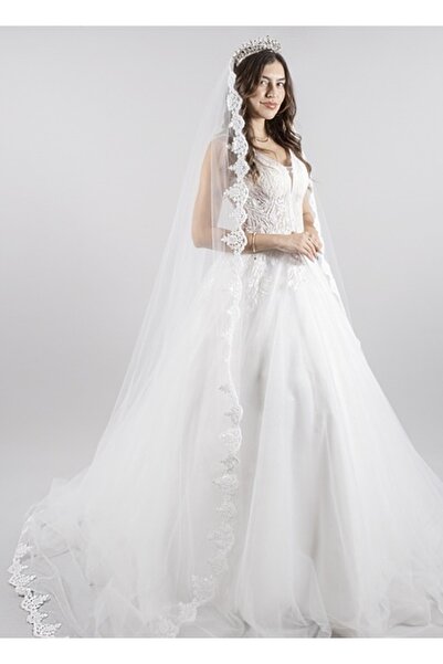 paris in paris Uzun Gelinlik Duvağı 220 Cm Fransız Dantelli Ipek Tül Nikah Ve Gelin Duvağı