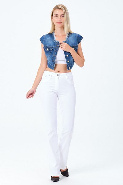 Barkaist Jachetă de denim crop albastră cu decolteu pentru femei