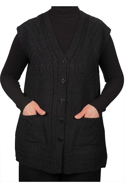Fresh&Moda Black Plus Size Buttoned Women's Vest