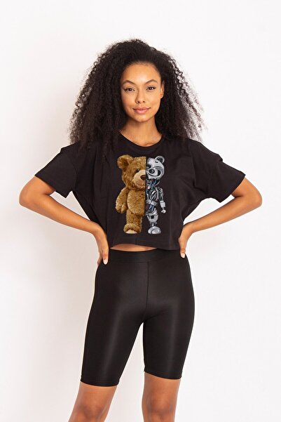 GRİLAND Γυναικείο μαύρο ρομποτικό εμπριμέ υπερμεγέθη Crop Top