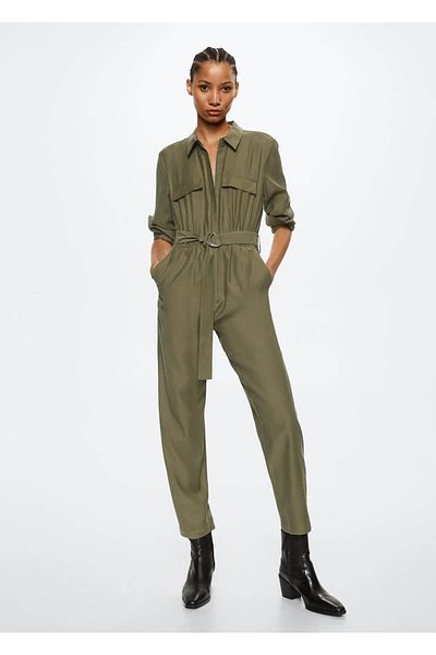 MANGO Woman Belted Long Jumpsuit