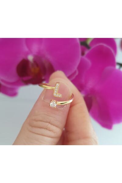 MAGRİB 22 Ayar Altın Kaplama L Harfli Ve Tek Taşlı  Gümüş Yüzük