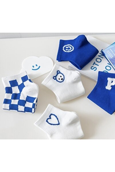 çorapmanya 5 Pairs Panda Patterned Blue and White Unisex College Tennis Socks