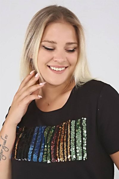 Seamoda Basic Tshirt with Colorful Sequin Embroidery on the Front - Black