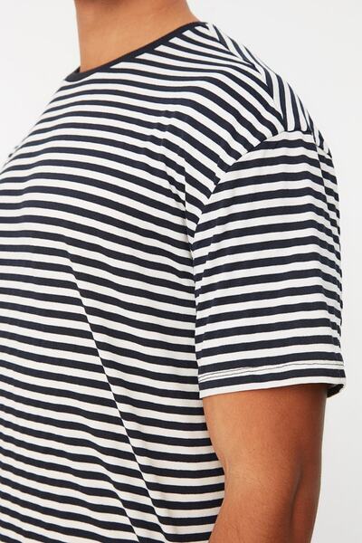 Machetta Navy Blue Men's Crew Neck Short Sleeve Striped T-shirt