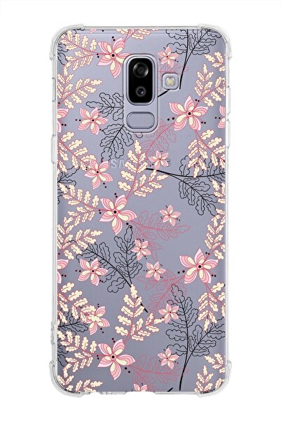 PrintiFy Samsung Galaxy J8 (2018) Köşe Korumalı Antişok Kapak Floral Kırmızı Tasarımlı Şeffaf Kılıf