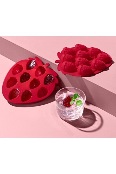 KÜÇÜK EW Pratik Çilek Şeklinde Silikon Buz Kalıbı Silikon Yapışmaz Buzluk Çil...