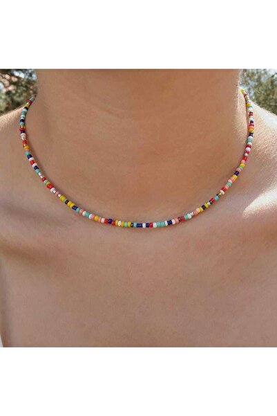 Handmade Rengarenk Kum Boncuk Kolye, Ayarlanabilir Kum Boncuk Kolye