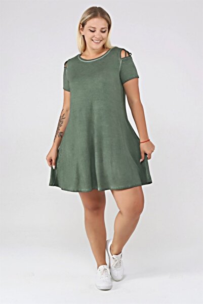 Seamoda Γυναικείο άνετο κοντό φόρεμα καθημερινής χρήσης με λεπτομέρεια παραθύρου στον ώμο - πράσινο