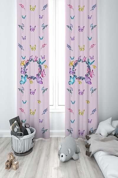 BAMBAŞKA MODA Baby and Children's Room Butterflies and Flowers Two Wing Background Curtain Bmfp-298