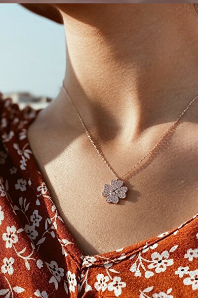 Genel Markalar Kalp Yonca Motifli Beyaz Taşlı 14 K Rose Altın Kaplama Kadın K...