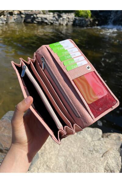 DERKON Portofel de dama din piele naturala - convenabil, roz pudra