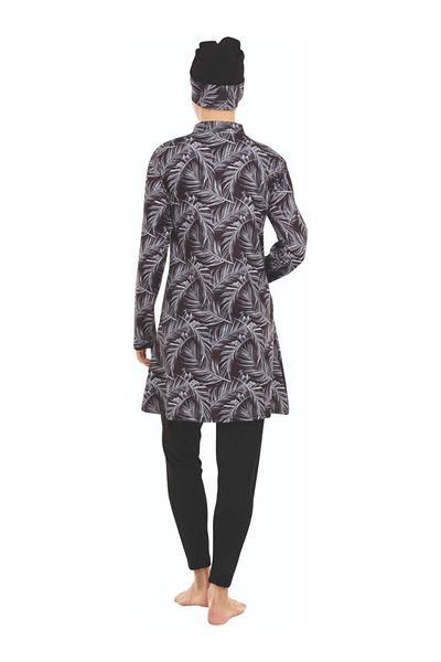 FİT1BEDEN Plus Size Black-white Palm Pattern Long Sleeve Full Covered Hijab Swimsuit