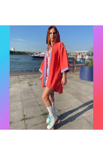 Kadın Mercan Lila Özel Tasarım Liana Kapşonlu Kimono