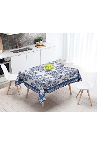 Adawall مفرش طاولة بزهور زرقاء - شهادة دولية للغسيل وعدم التلاشي 160 سم × 220 سم، قماش كتان رقيق