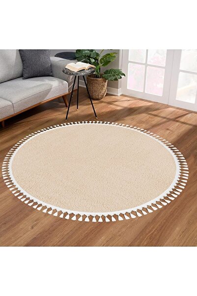 Genel Markalar Yuvarlak Comfort Puffy Ponpon Saçaklı Peluş Halı Vizon Mns