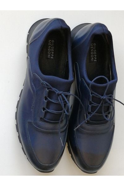 Giuseppe Mengoni Genuine Leather Textile Combination Navy Blue Non-Slip Thick Rubber Sole Lace-Up Shoes