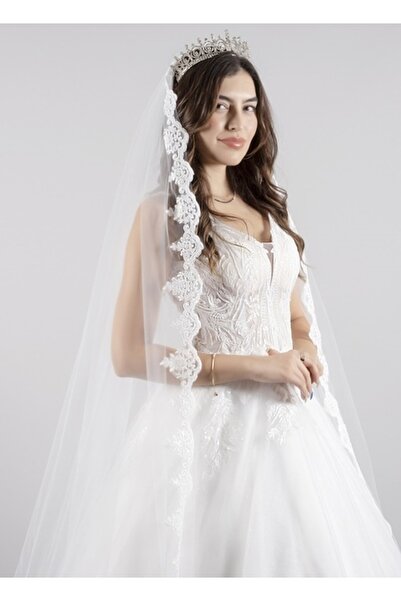 paris in paris Uzun Gelinlik Duvağı 220 Cm Fransız Dantelli Ipek Tül Nikah Ve Gelin Duvağı