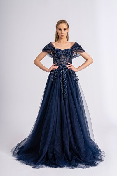 Lenta Moda فستان سهرة مطرز بنمط أوراق الشجر باللون الأزرق الداكن وفستان الخطوبة