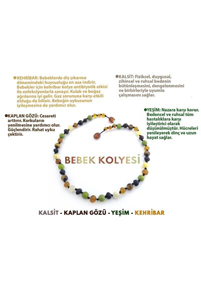 Deniz Doğal Taş Sertifikalı Kehribar-kalsit-kaplan Gözü-yeşim-bebek Kolyesi M202