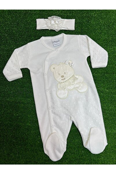 Sönmez Baby Saten Ayılı Penye Tulum Ve Saç Bandı Kız Bebe Takımı