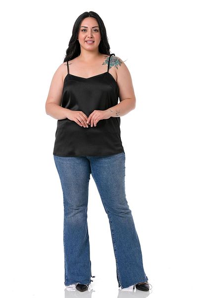 DISENTIS MODEST Plus Size Adjustable Thin Strap Satin Black Blouse