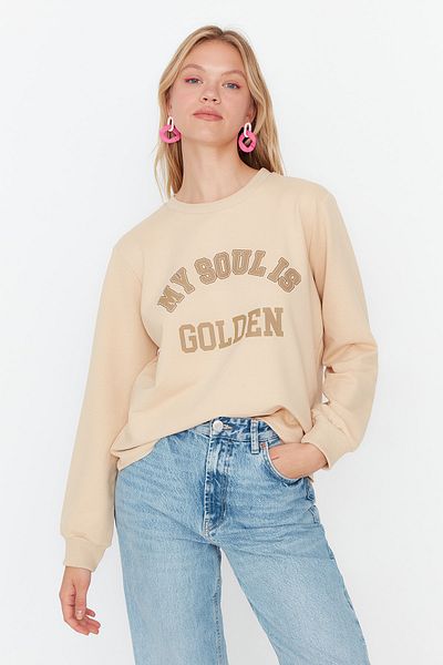Trendyol Collection Béžová základní tenká vnitřní fleecová mikina s potiskem TWOAW23SW00554