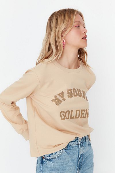 Trendyol Collection Béžová základní tenká vnitřní fleecová mikina s potiskem TWOAW23SW00554