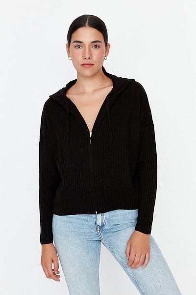 Trendyol Collection Black Hooded Zippered Knitwear Cardigan TWOAW23HI00445