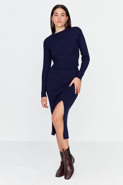 Trendyol Collection Navy Blue Crop Knitwear Set - Lower and Upper Set Twoaw23Au00240