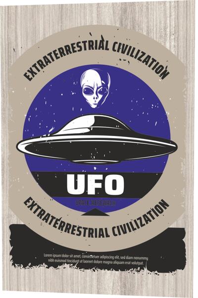 Hayat Poster Ufo vanzemaljac leteći tanjir drveni Sa deznom retro vintage drv...