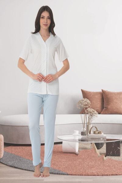 Lohussa Жіночий синій довгий рукав великий розмір піжама з крапками і ґудзиками спереду