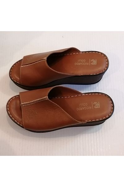 Riccardo Colli Women's Genuine Leather Tan Soft Wedge Heeled Slippers