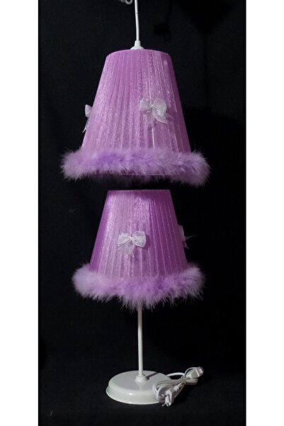 TEKAY AYDINLATMA Kız Çocuk Odası Bebek Odası Lila Tüylü Fiyonklu Peluş Avize Abajur Seti