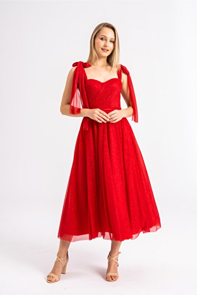 Lenta Moda Simli Midi Boy Kırmızı Abiye Ve Balo Elbisesi