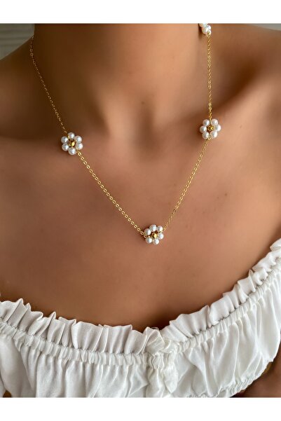 Lucky Designs Incili Papatyalı Zincir Kolye/papatya Kolye