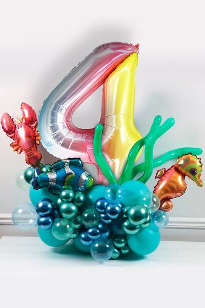 PARTİAVM Deniz Canlıları Temalı Balon Buketi Renkli Rakam Balon Gökkuşağı Rak...